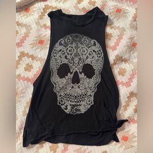 Black Sleeveless Top with Gray Skull Design